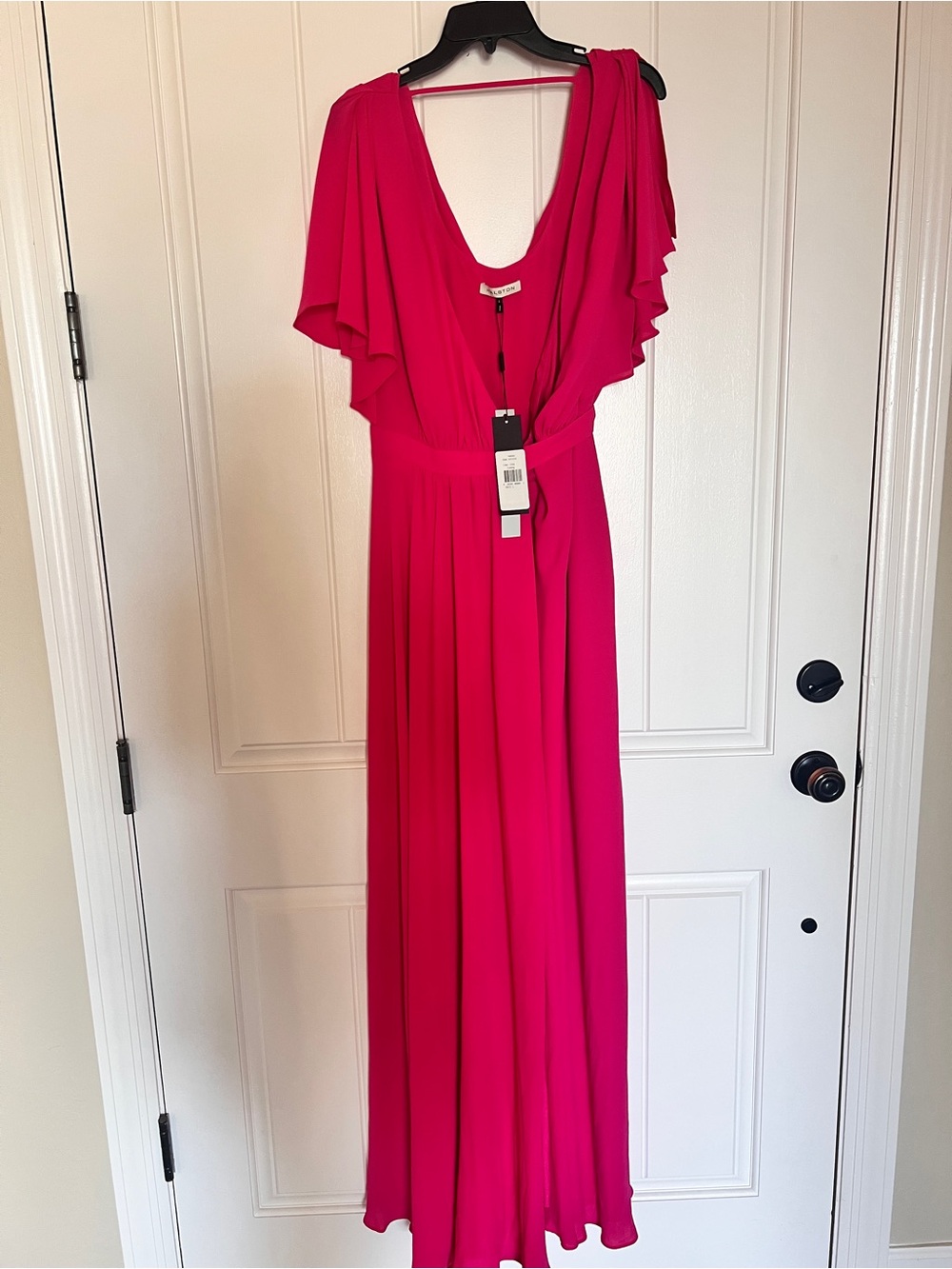 Halston Bright Pink Maxi Dress with Flutter Sleeves in Hibiscus